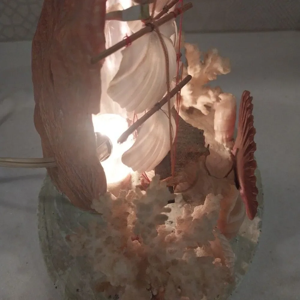 Vintage Abalone Shell Sailboat Lamp Handmade Nautical Coastal Coral Light Decor